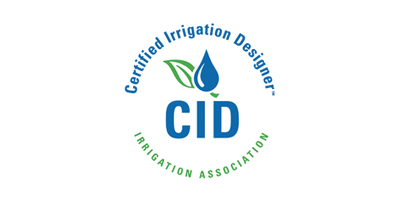 Certified Irrigation Designer logo with blue text and water drop icon.