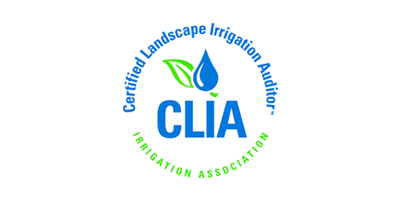 Logo for Certified Landscape Irrigation Auditor: Blue drop with green leaves, surrounded by text,