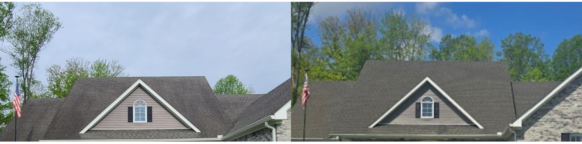A before and after picture of a house 's roof.