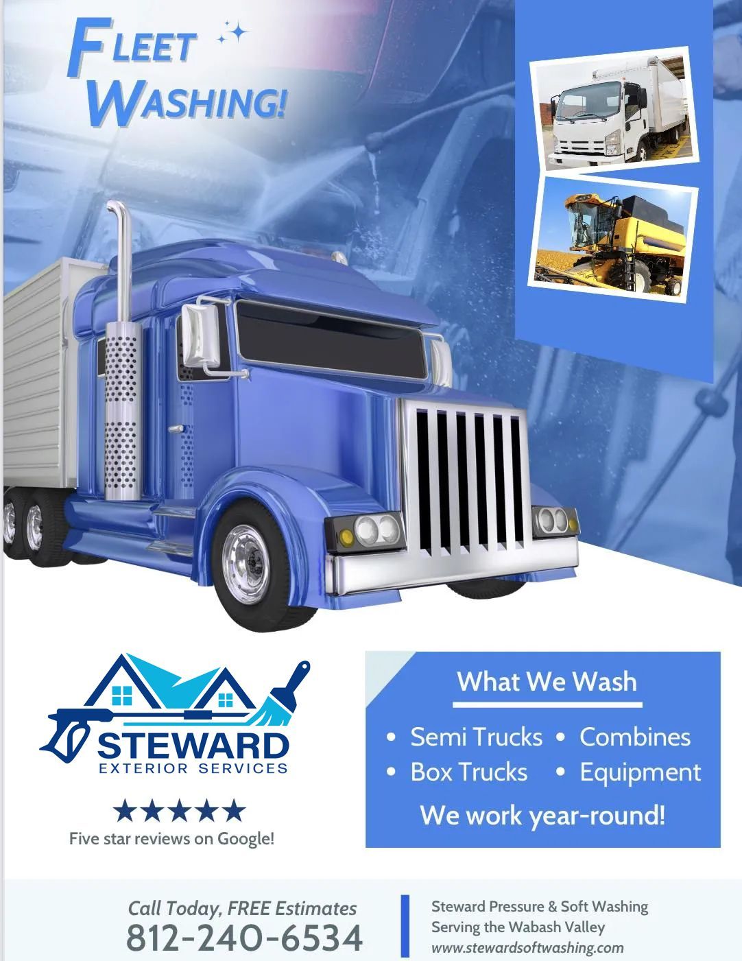 Advertisement for fleet washing services. Blue truck, text