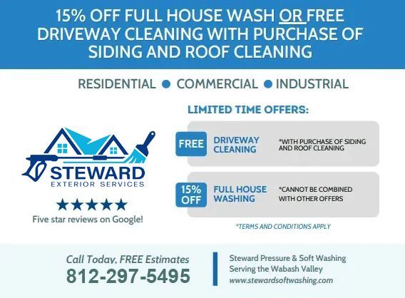 Advertisement for Steward Exterior Services, offering discounts on house washing, siding, and roof cleaning.