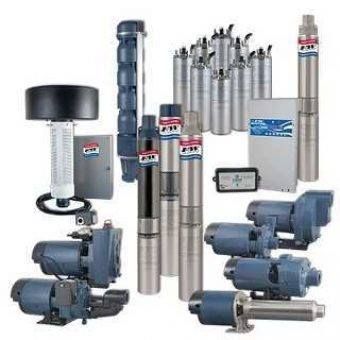 A collection of various industrial water pumps, motors, and control boxes on a white background.