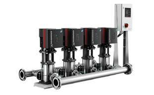 A four-pump Grundfos booster system with a stainless-steel manifold and a control panel against a white background.