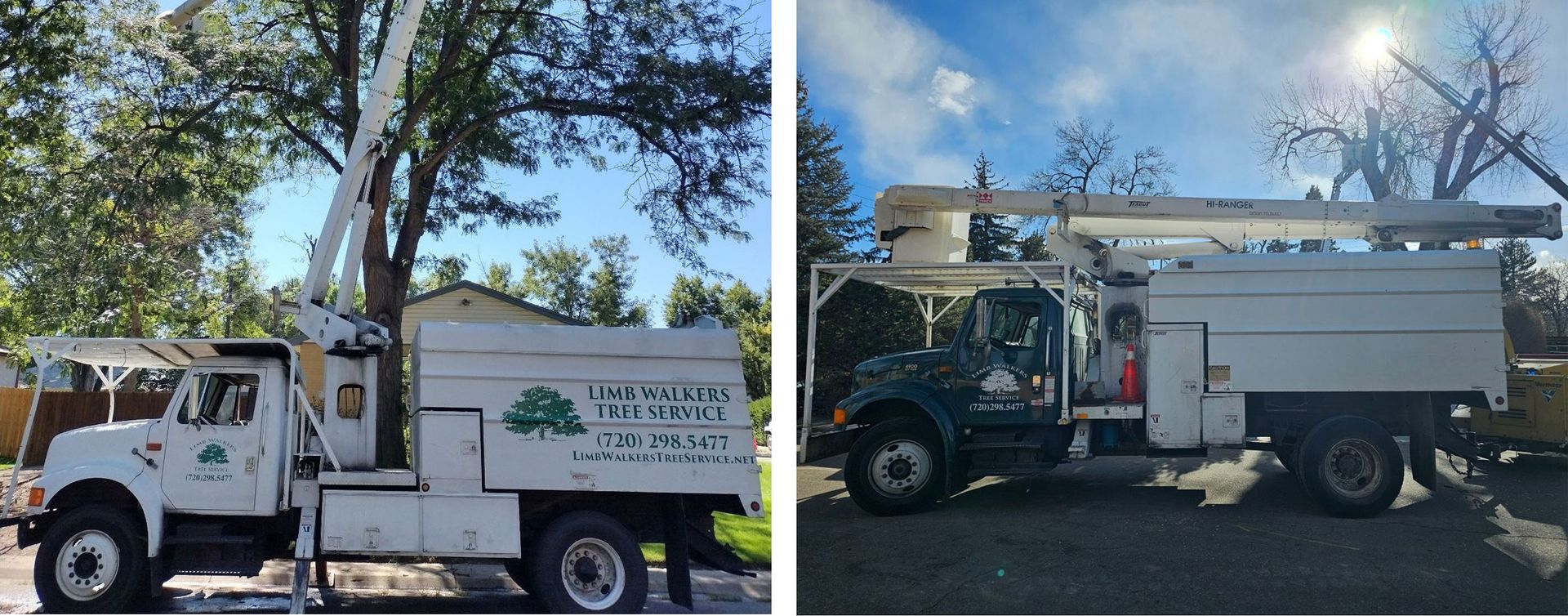 A white truck with a crane on top of it is parked next to a tree.