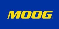 The yellow, italicized logo for the automotive brand MOOG centered on a solid blue background.