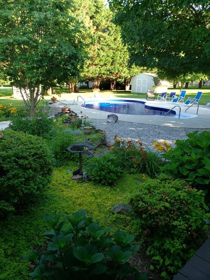 Backyard pool with lounge chairs, stone patio, and lush green landscaping