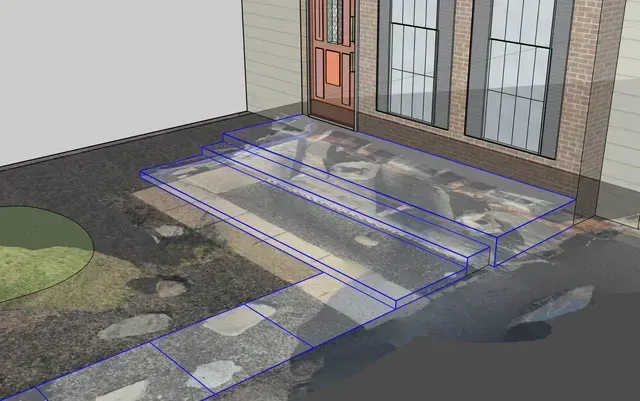 A computer generated image of a house with stairs