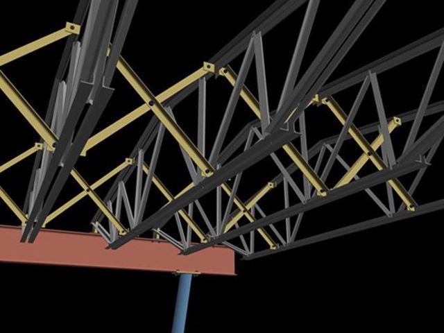 A computer generated image of a metal structure with a black background