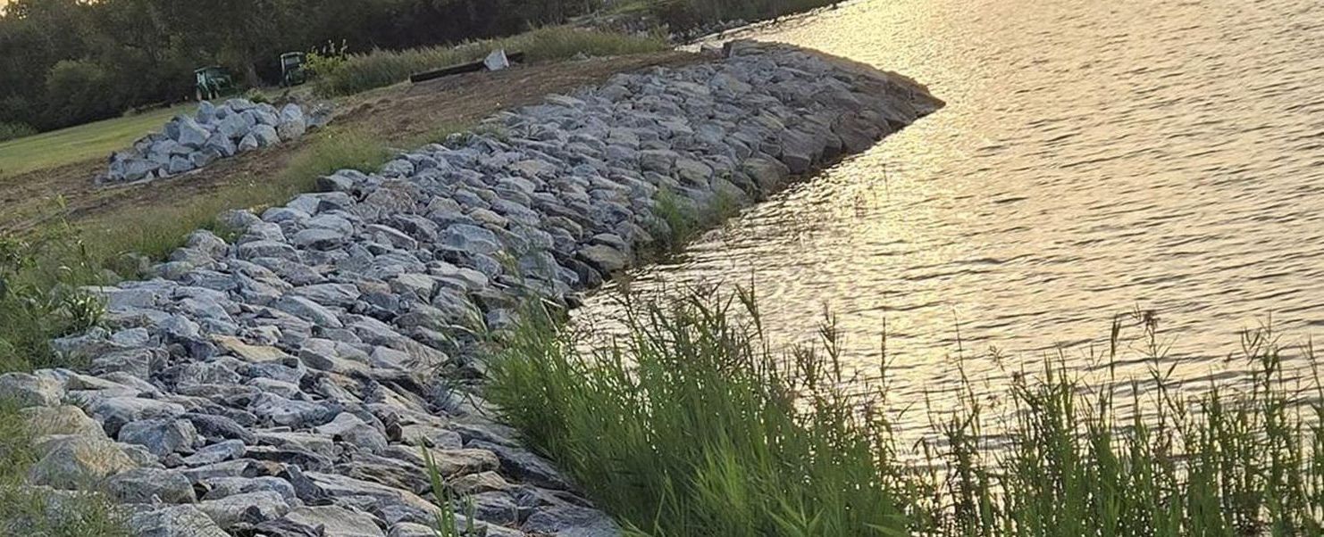 A rocky shoreline with a grassy bank