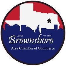 Brownsboro Area Chamber of Commerce logo: Texas outline with a star, cityscape, blue and red circle.