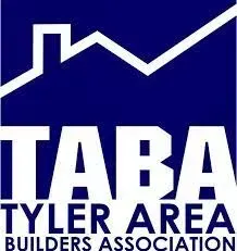 Logo for Tyler Area Builders Association: white house outline over blue background, with