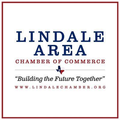 Lindale Area Chamber of Commerce logo with blue text, red Texas outline, and tagline