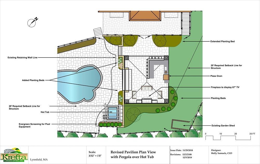 Architectural site plan showing a pool, hot tub, and patio pavilion with seating and a grill area.