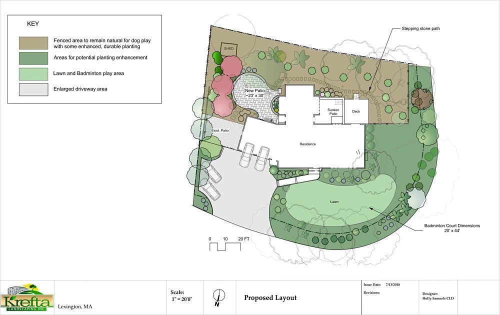 Landscape design plan showing a house, driveway, garden areas, and a proposed lawn on a property lot.