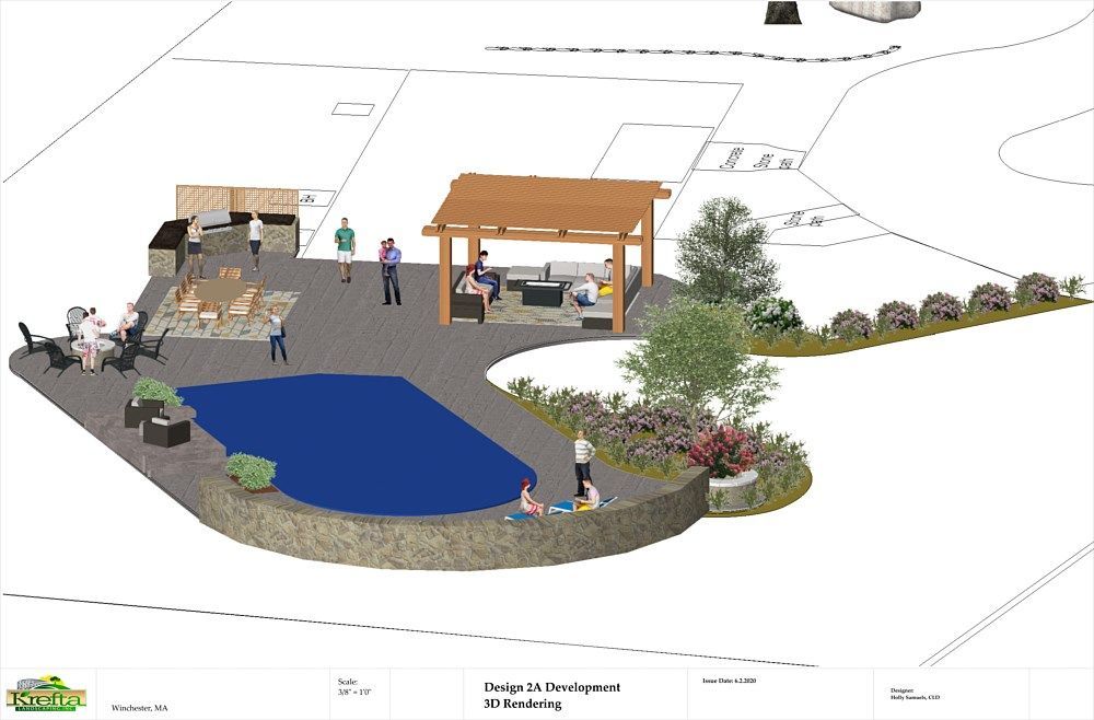 A 3D landscape design rendering showing a patio with a pool, outdoor kitchen, pergola, and garden beds.