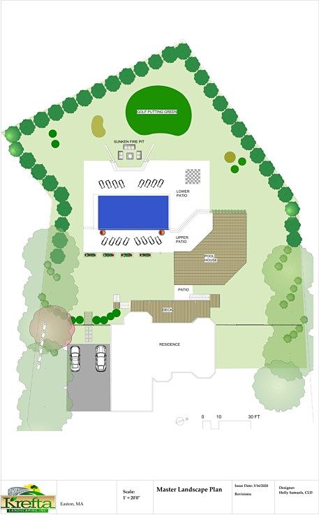 Landscape plan for a residential property, showing a house, driveway, pool, patio, and surrounding garden areas.