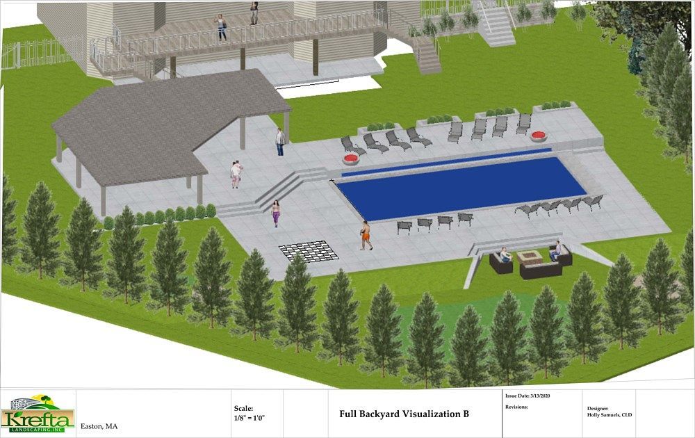 An architectural 3D rendering of a residential backyard featuring a rectangular swimming pool, patio, and covered pavilion.