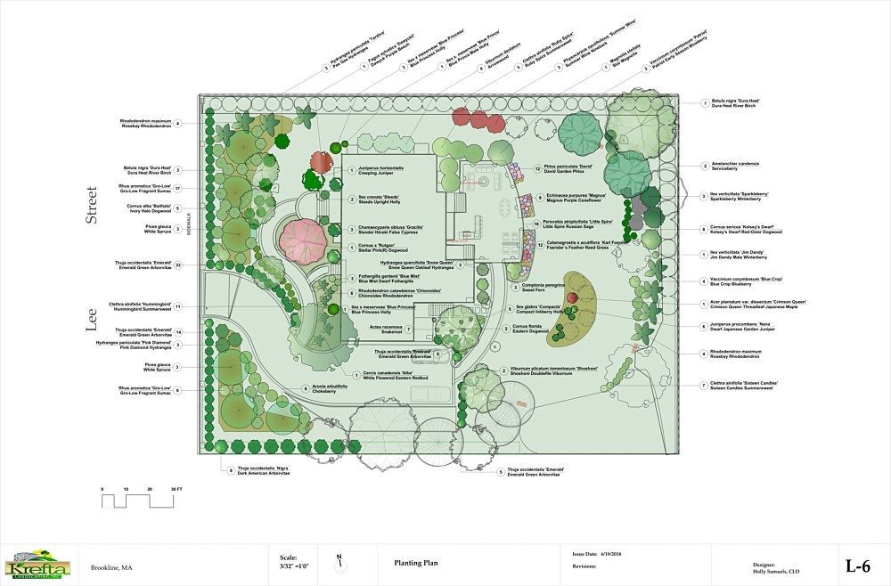 A landscape planting plan showing the layout, foliage, and garden features for a residential lot with building footprint.