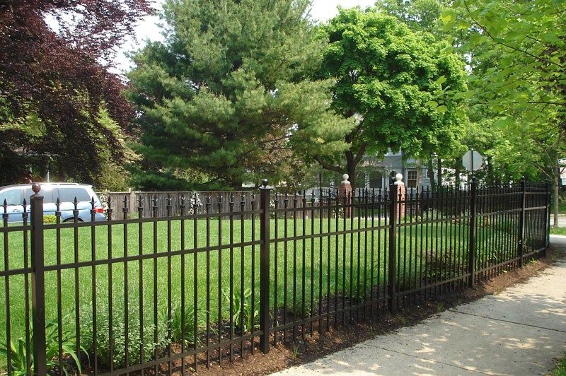 A black metal picket fence lines a green lawn and sidewalk, with trees and a house visible in the background.