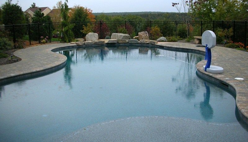 A kidney-shaped swimming pool with a blue basketball hoop on the deck, surrounded by pavers and trees on a cloudy day.