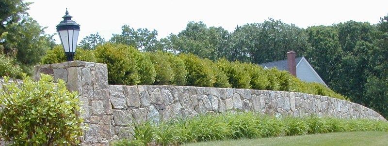 A stone wall lines a grassy slope, topped with a row of green bushes, a lantern post, and a house in the distance.
