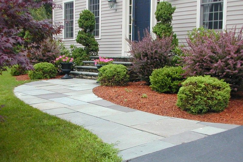 A stone path leads to a house entrance, surrounded by green and purple shrubs and red mulch in a front yard garden.