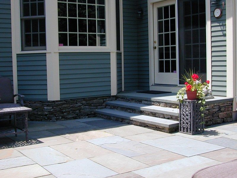 A stone patio with steps leading to a house featuring blue siding and a white-framed glass door, with a potted plant.