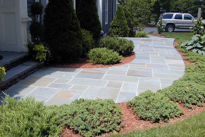 A flagstone walkway curves past foundation plantings of shrubs and evergreens in front of a house.