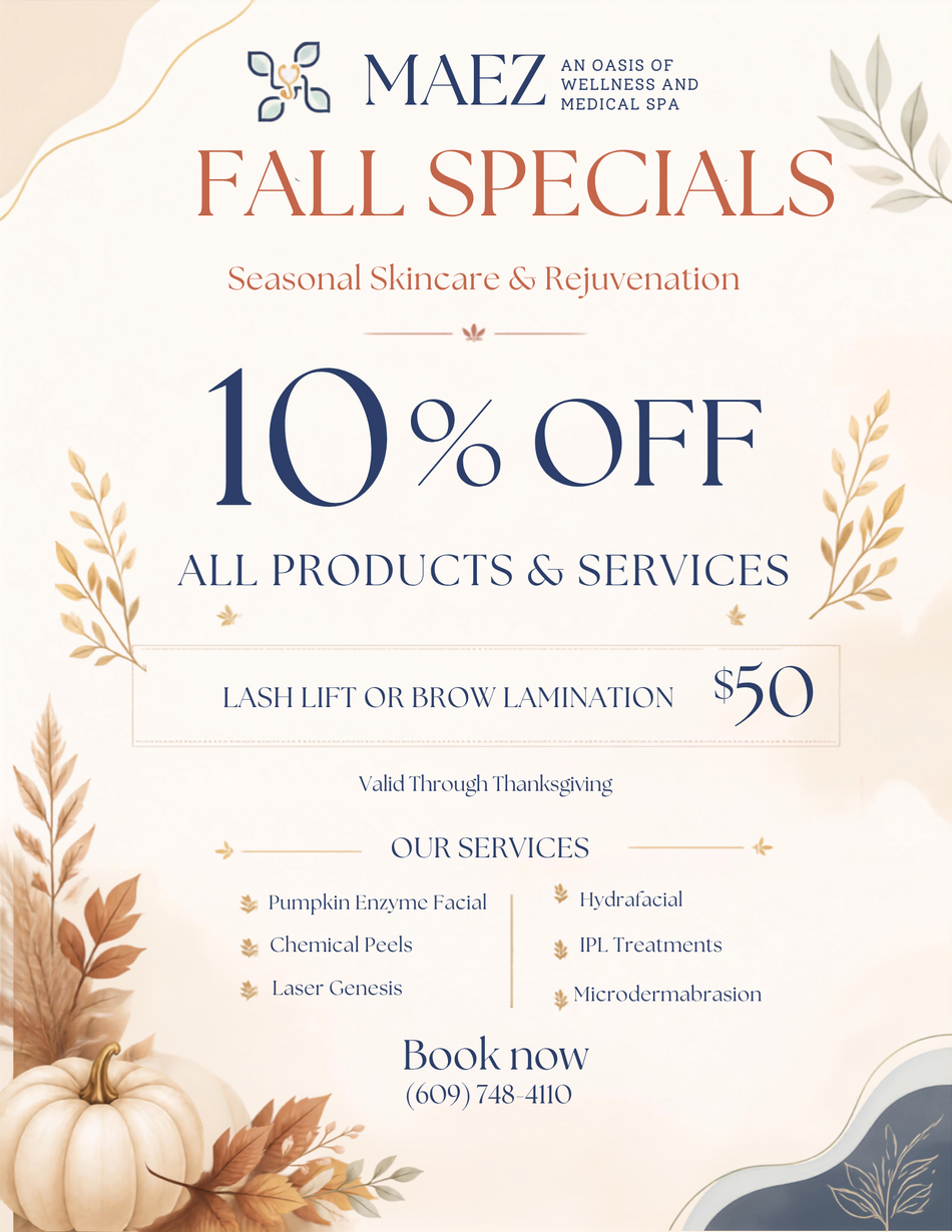 Fall specials poster with 10% off all products and services in beige autumn tones