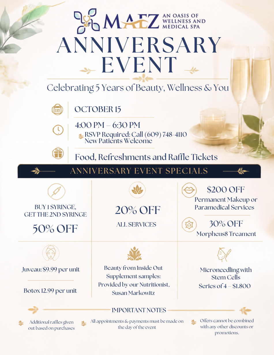 MAZ Anniversary Event flyer with gold accents, champagne glasses, and special discounts on a dark blue background