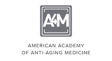 American Academy of Anti-Aging Medicine logo with stylized A4M text in gray and white