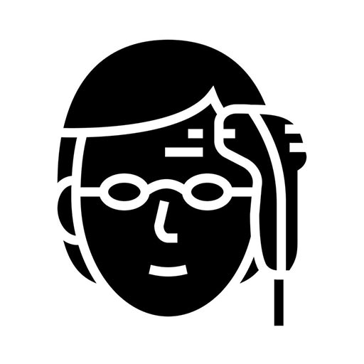 Black-and-white icon of a person with glasses and a side-part hairstyle