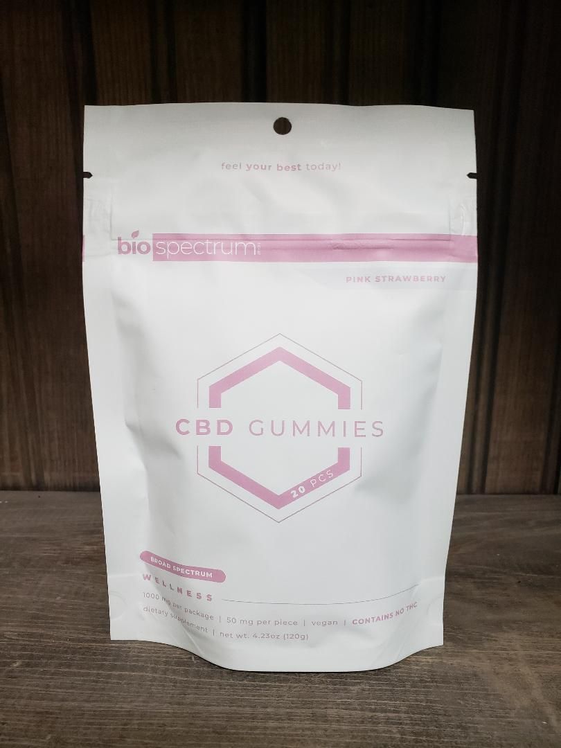 White pouch of Bio Spectrum CBD gummies with pink accents.