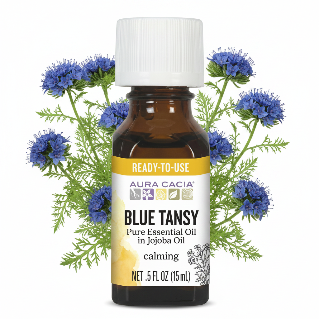 Blue Tansy pure essential oil bottle with blue flowers on a white background