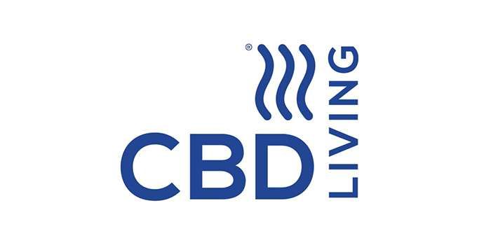 CBD Living logo with blue text on white background. Waves above
