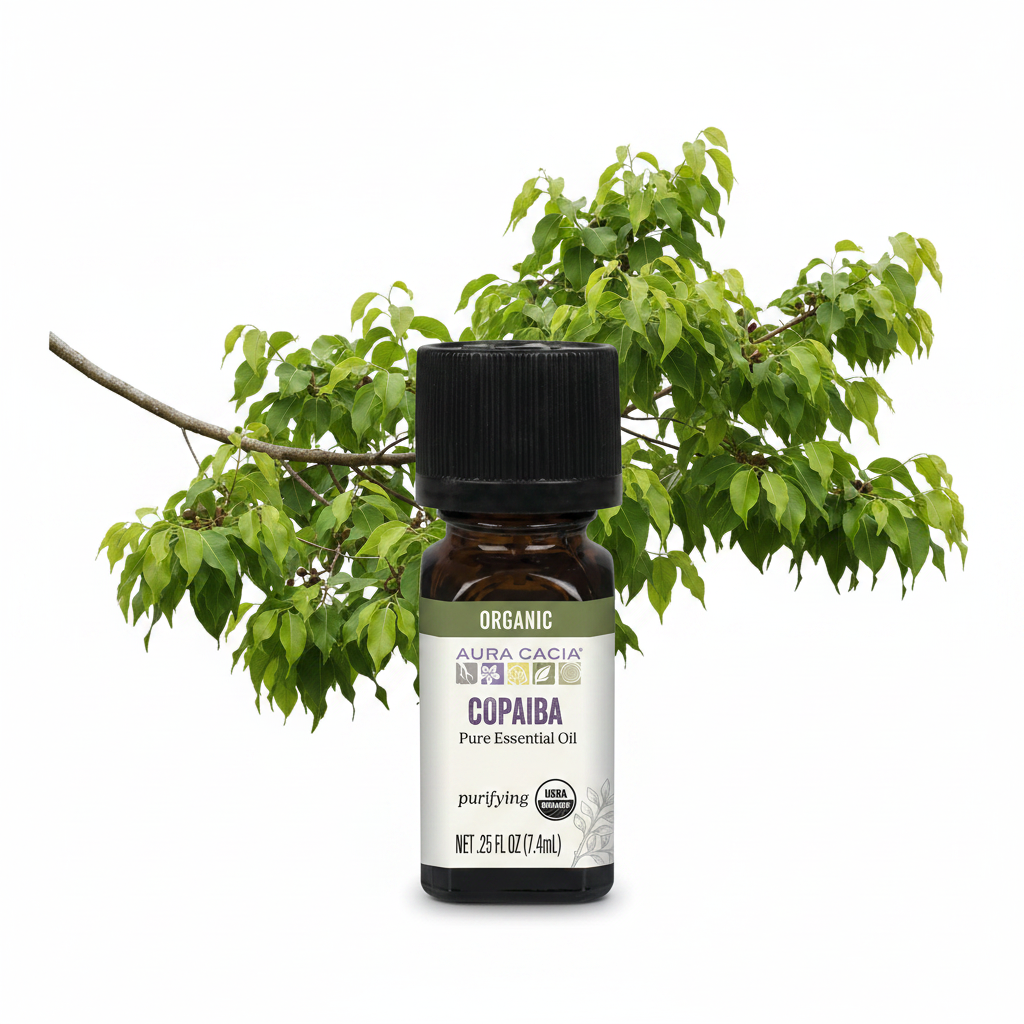 Copaiba essential oil bottle with green leaves on a white background