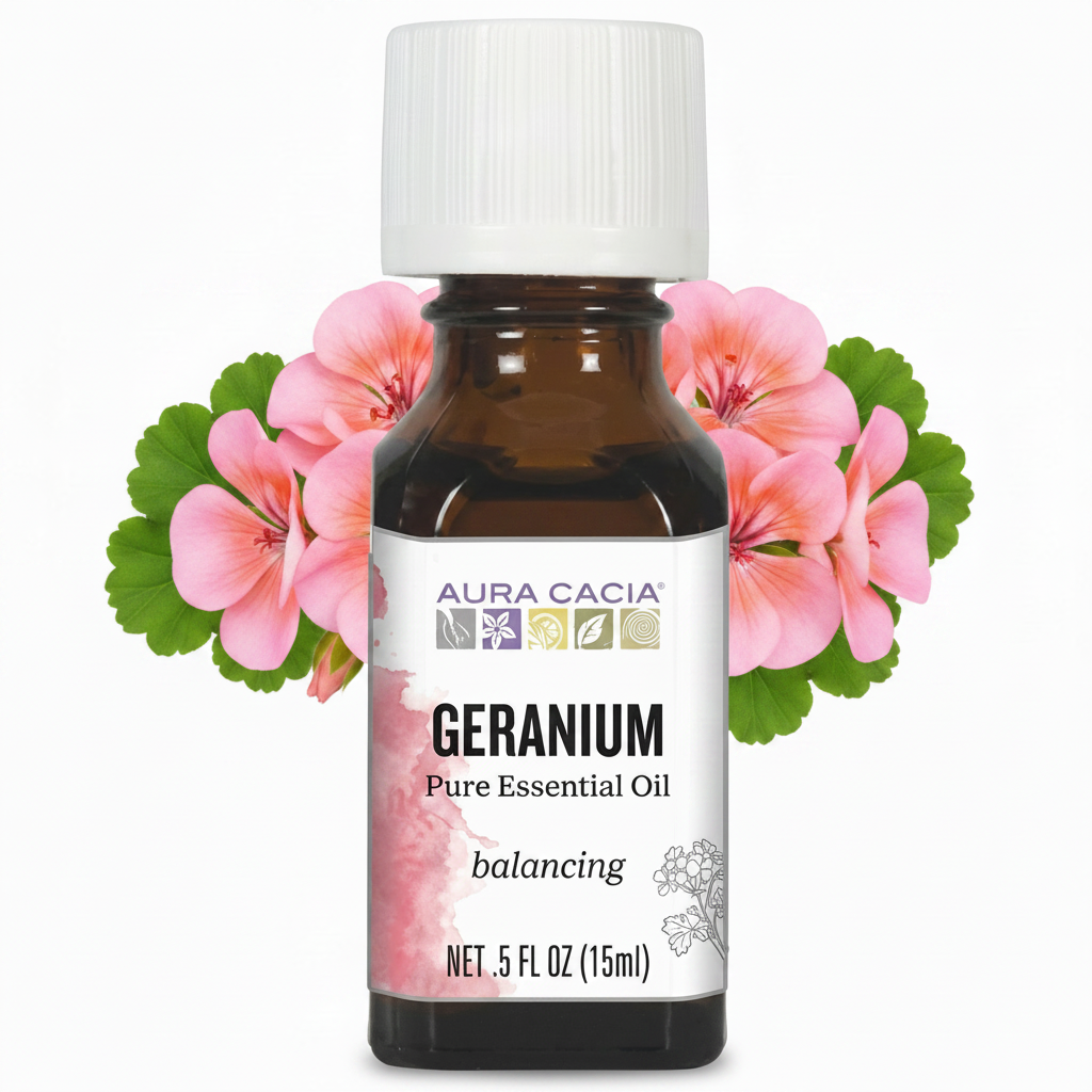 Aura Cacia geranium pure essential oil bottle with pink flowers and green leaves background
