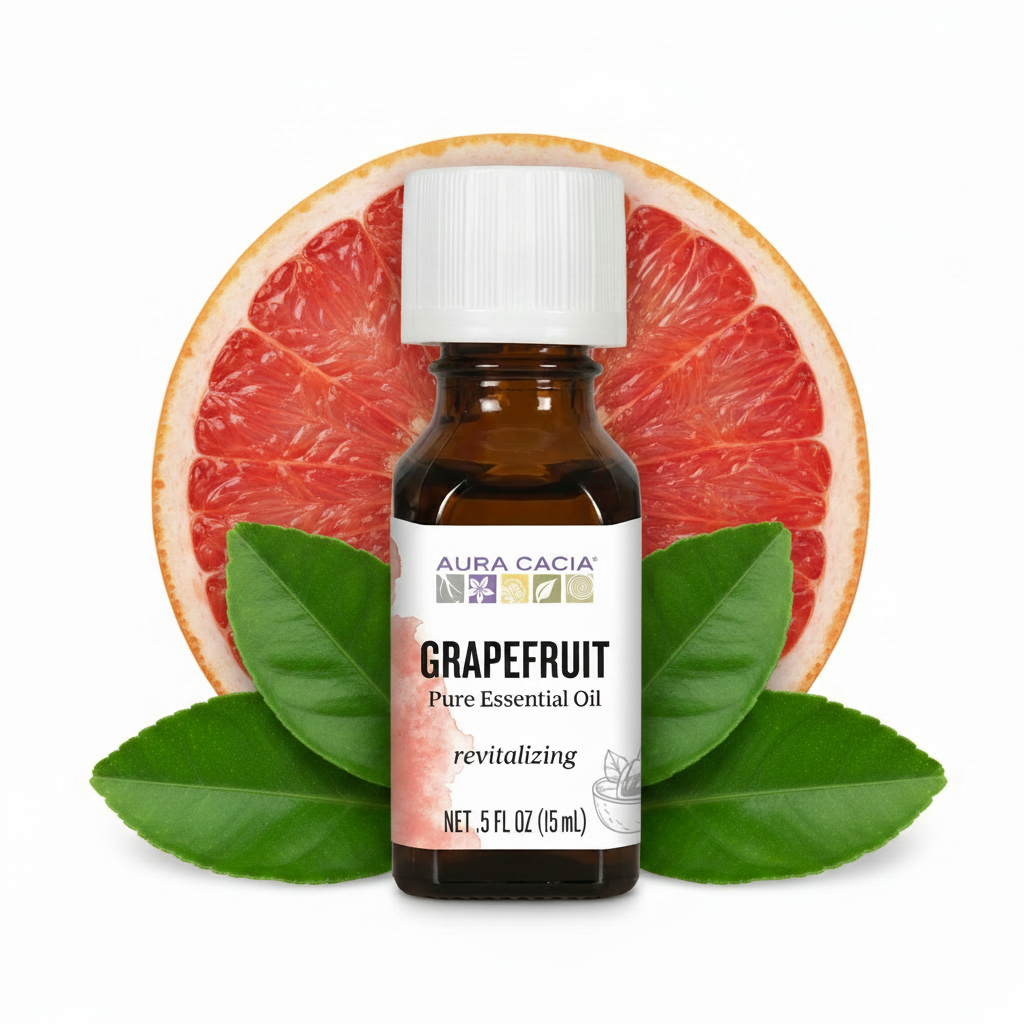A small grapefruit essential oil bottle with sliced grapefruit and green leaves in the background