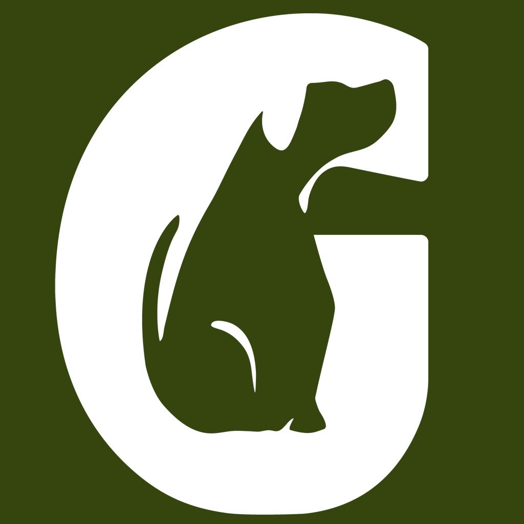 White silhouette of a dog inside a white letter G on a dark green background.