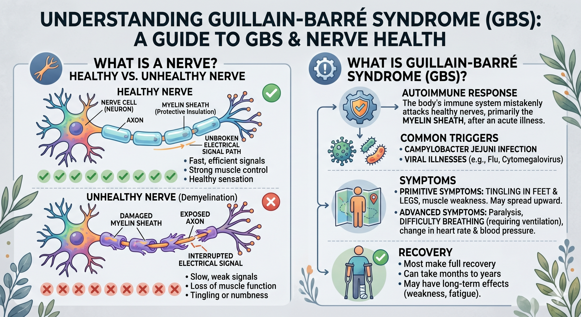 Diagram showing Guillain-Barre Syndrome's effect on the brain, spinal cord, and nerves. Comparison of normal vs. damaged myelin.