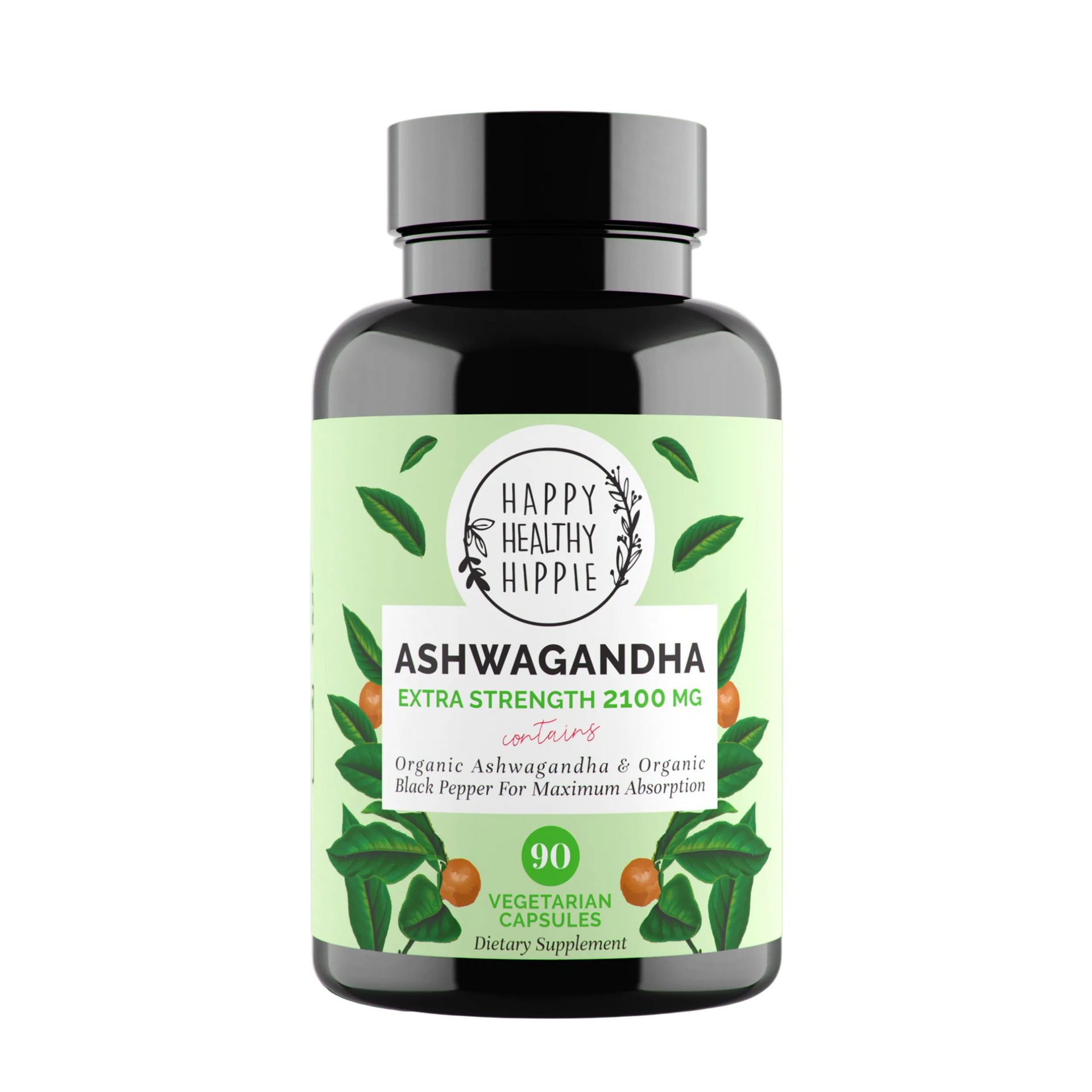 Black supplement bottle labeled “Happy Healthy Hippie Ashwagandha” with green leaf design on white background