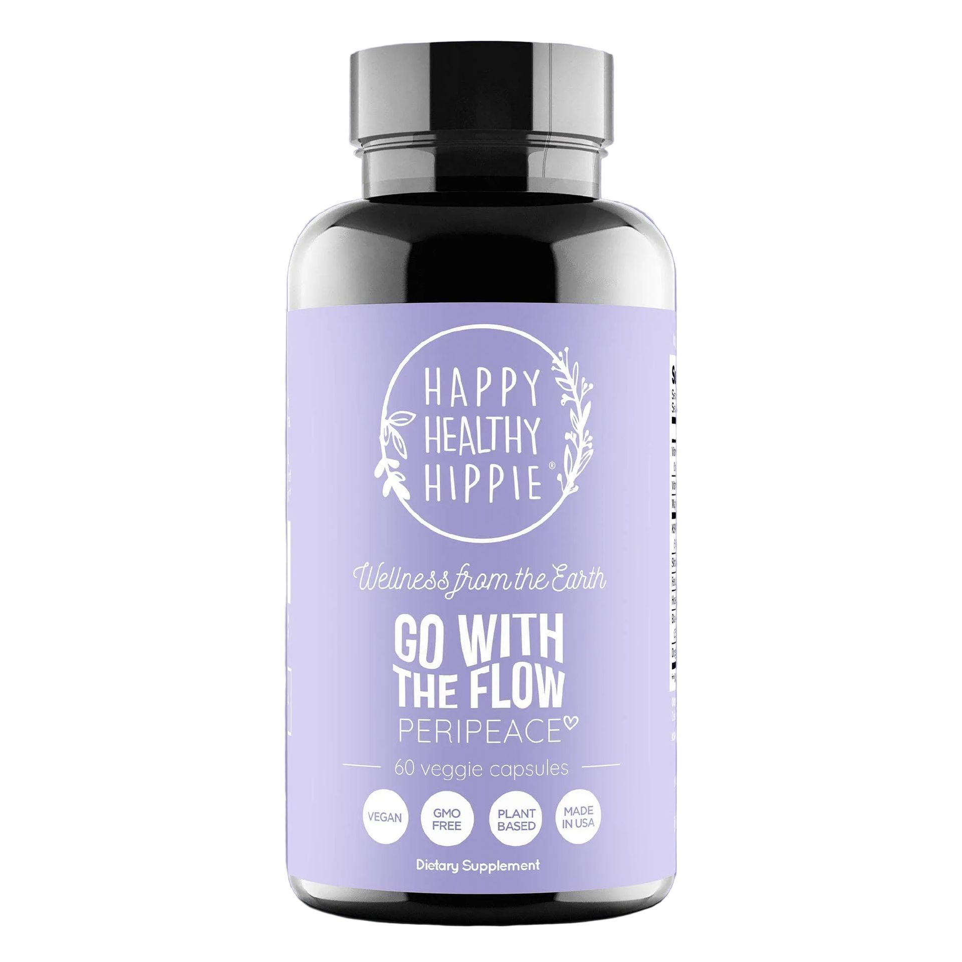 Purple Happy Healthy Hippie supplement bottle labeled “Go With the Flow” with black cap.