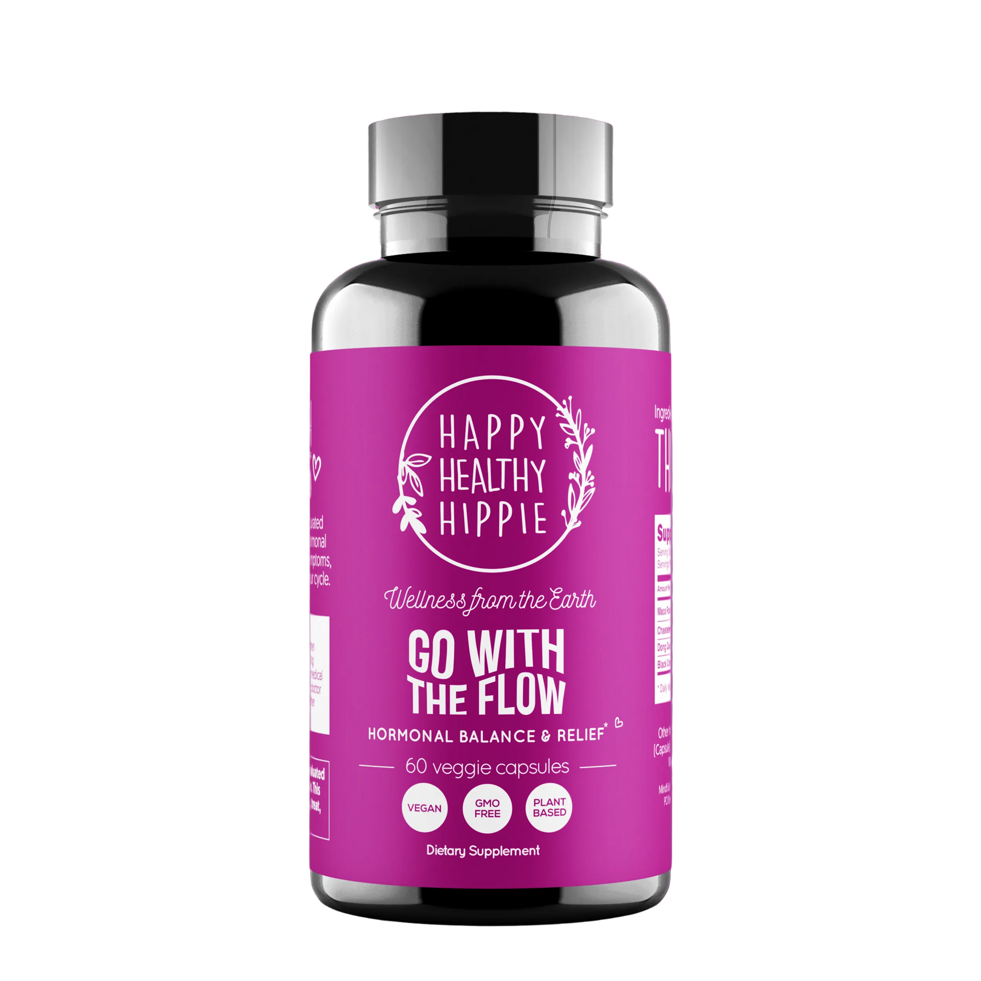 Purple Happy Healthy Hippie “Go With the Flow” CBD supplement bottle on a white background