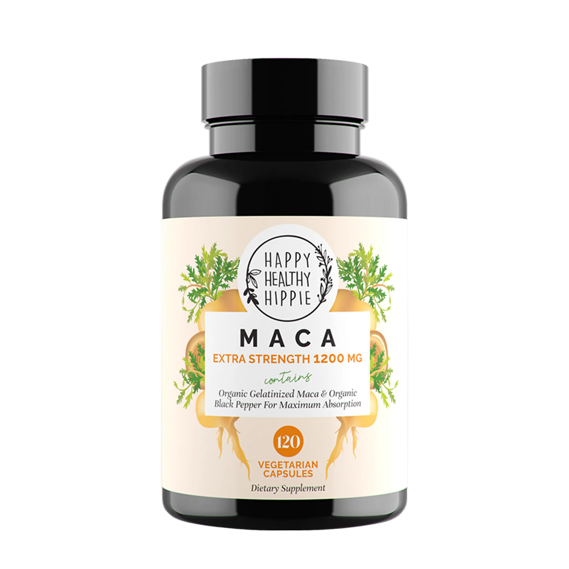 Black bottle of Happy Being Hippie maca supplement with cream label and green botanical accents.