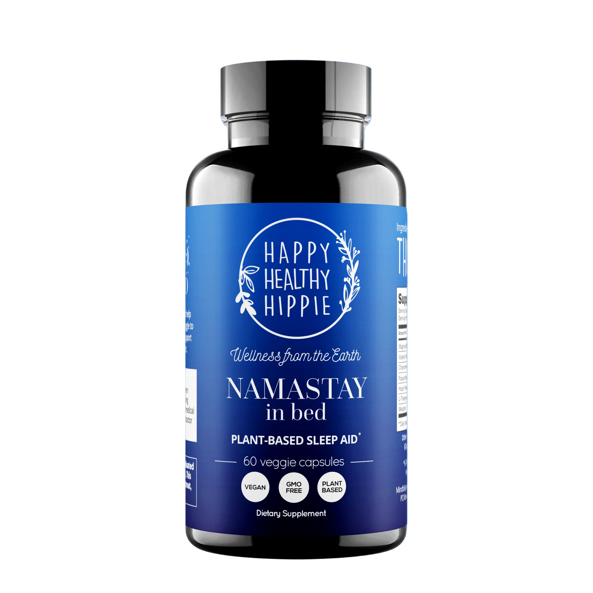 Blue bottle of Happy Healthy Hippie Namastay in Bed plant-based sleep aid with white label text