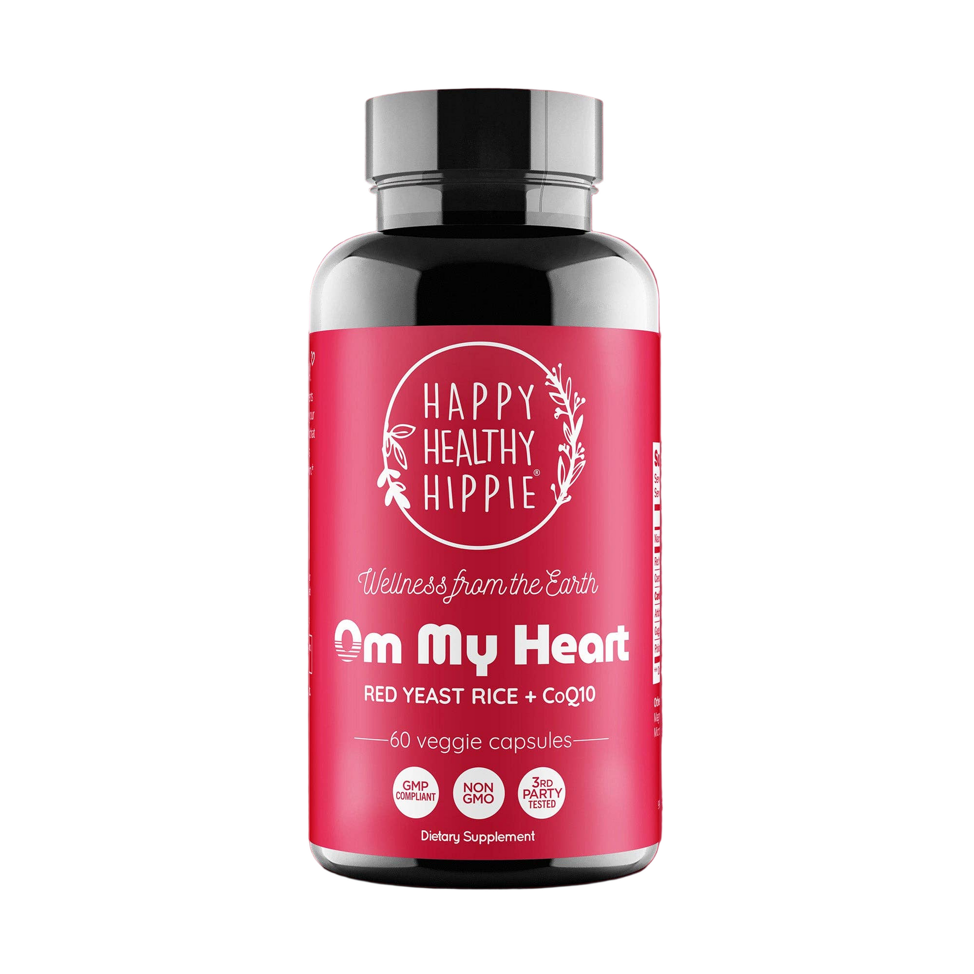 Black bottle of Happy Healthy Hippie “On My Heart” herbal supplement with pink label