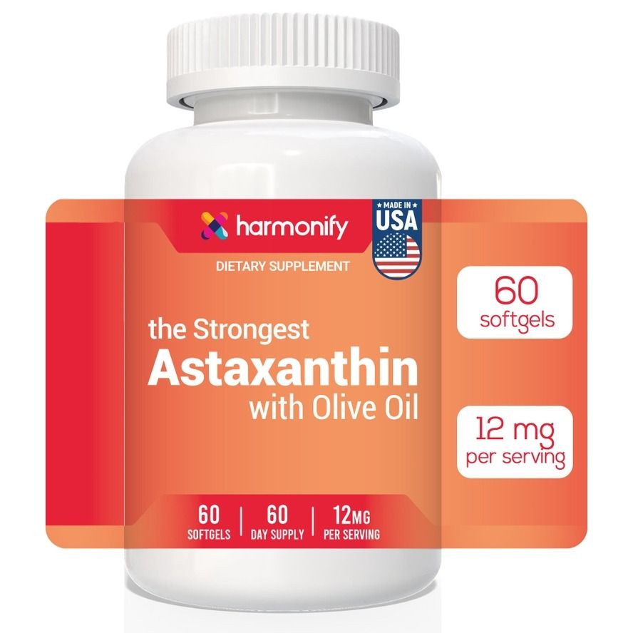 Harmony Astaxanthin supplement bottle, orange label, 60 softgels, 12 mg per serving