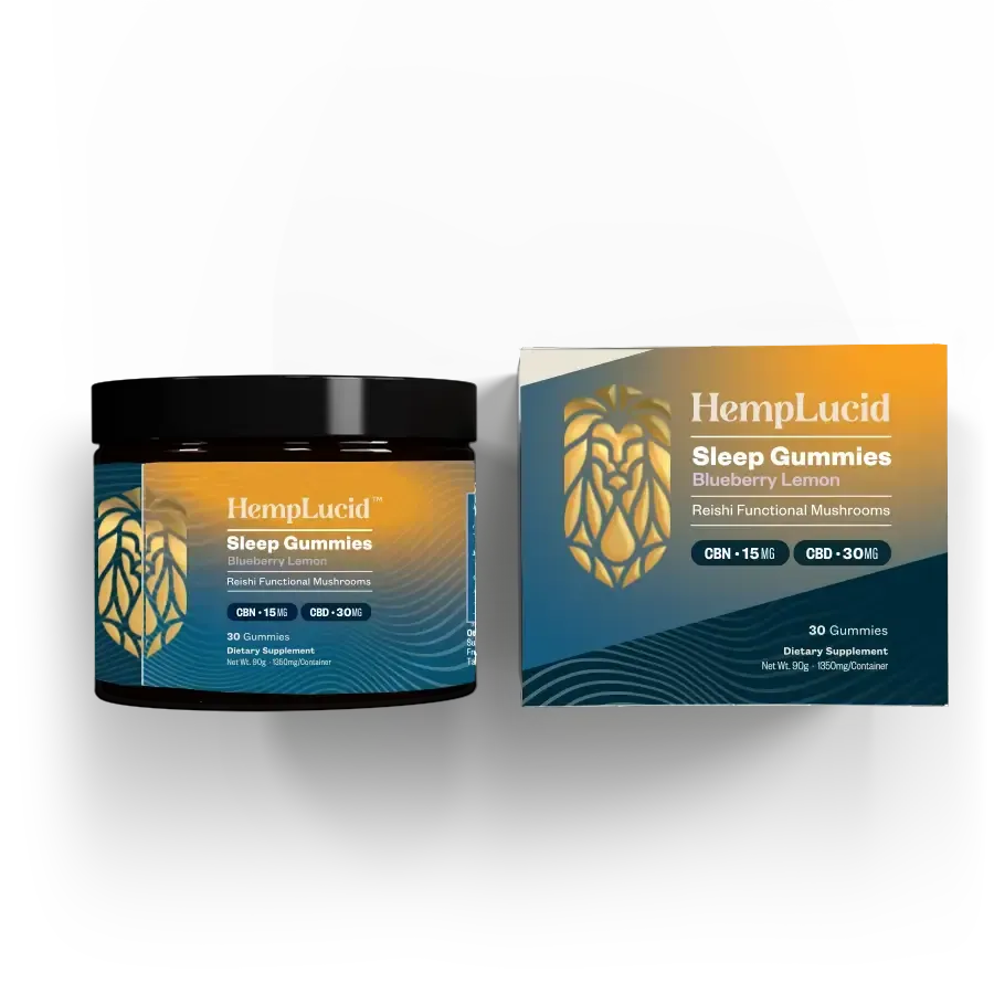 HempLucid Sleep Gummies jar and box in teal and gold packaging on a white background