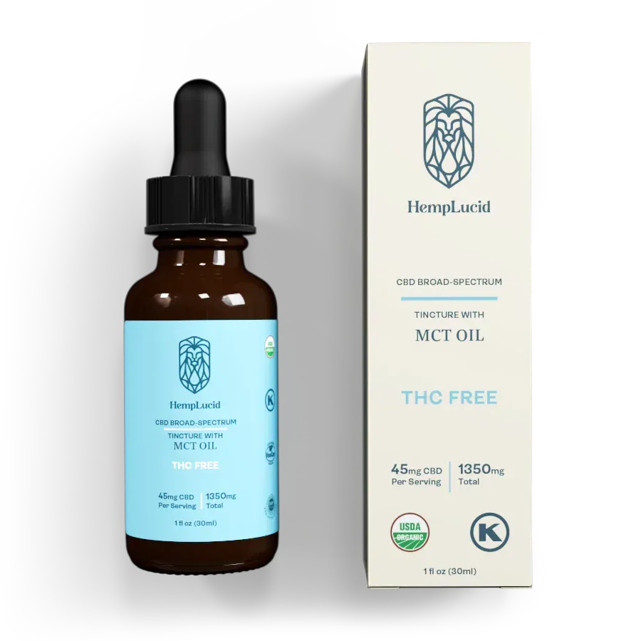 CBD oil bottle and box, blue and white label, 