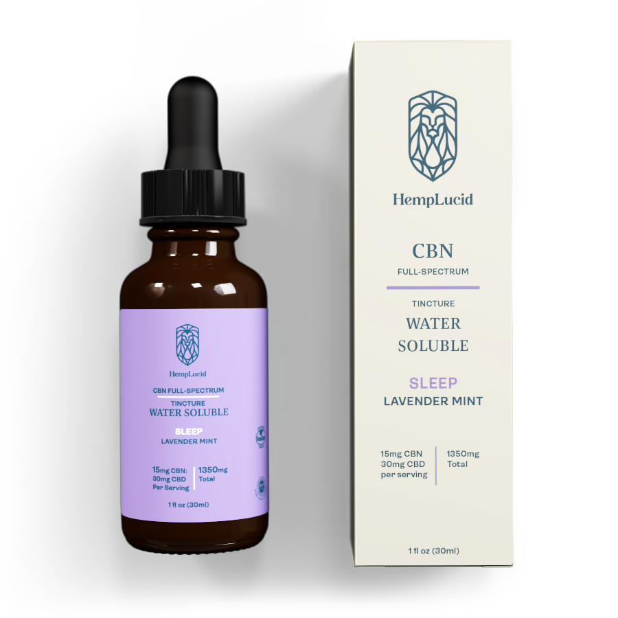Bottle of HempLucid CBN tincture for sleep, lavender mint flavor. Dark bottle, purple label, white box.